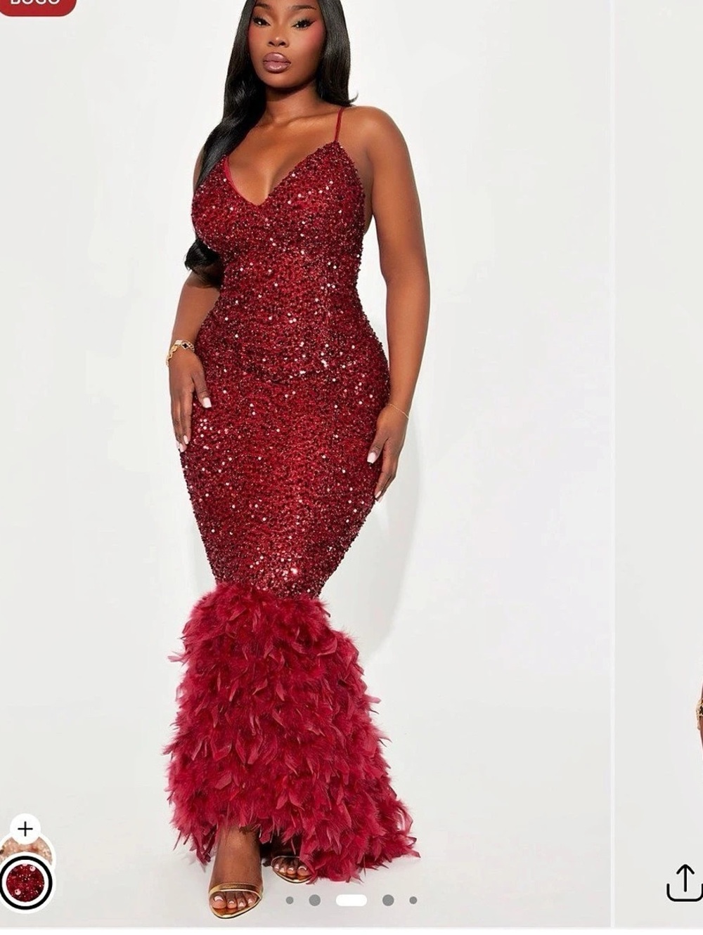 Fashion Nova Zoey Spaghetti Strap Feathered Sequin Gown Red